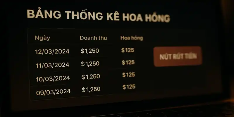 Bảng thống kê hoa hồng và nút rút tiền trong giao diện đại lý
