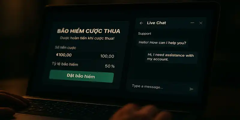 Giao diện hỗ trợ bảo hiểm cược thua kèm khung chat hỗ trợ