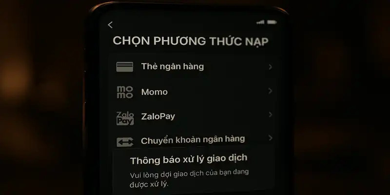 Chọn phương thức nạp và thông báo xử lý giao dịch